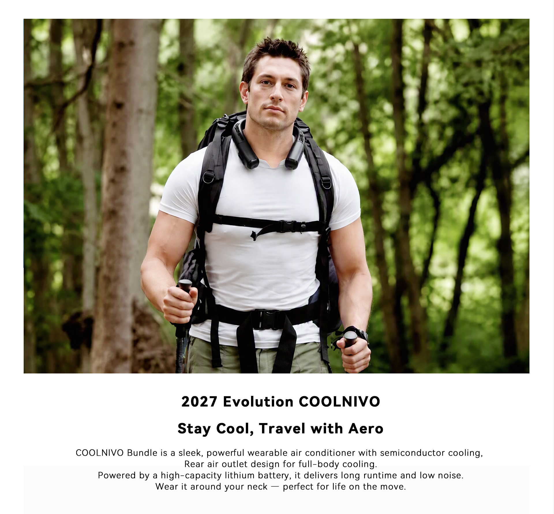 Hiker wearing a Coolnivo AERO neck air conditioner in the forest